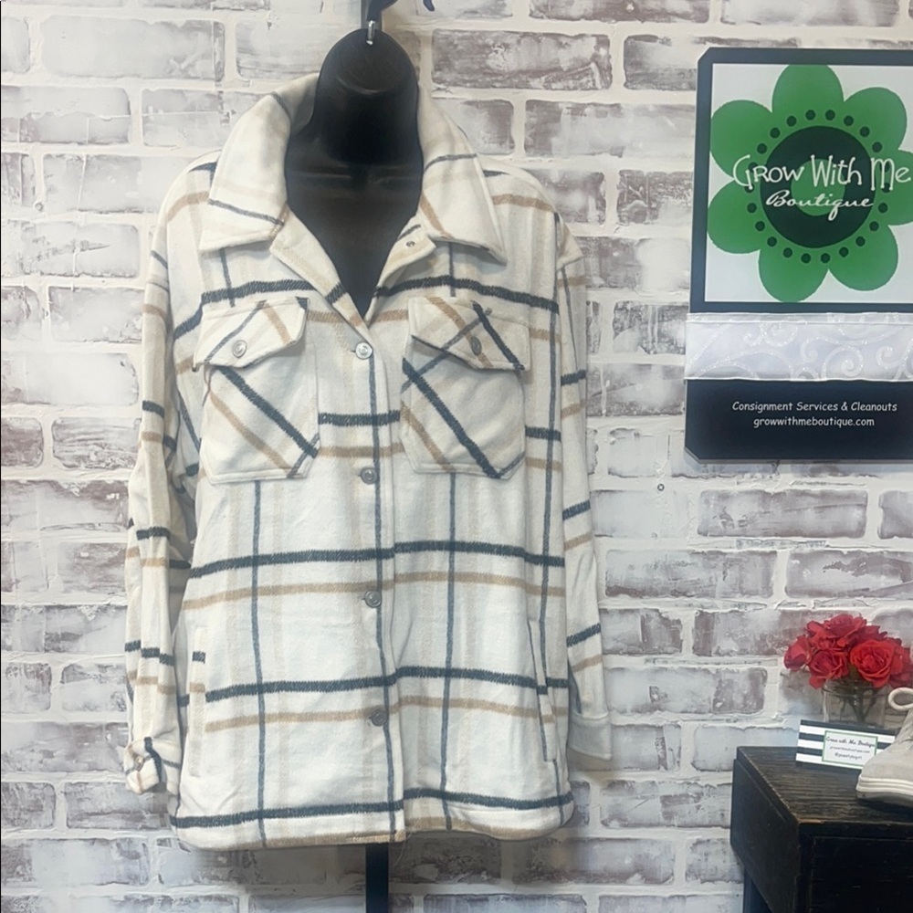 Cream and Black Utility Jacket with Stand-Up Collar small